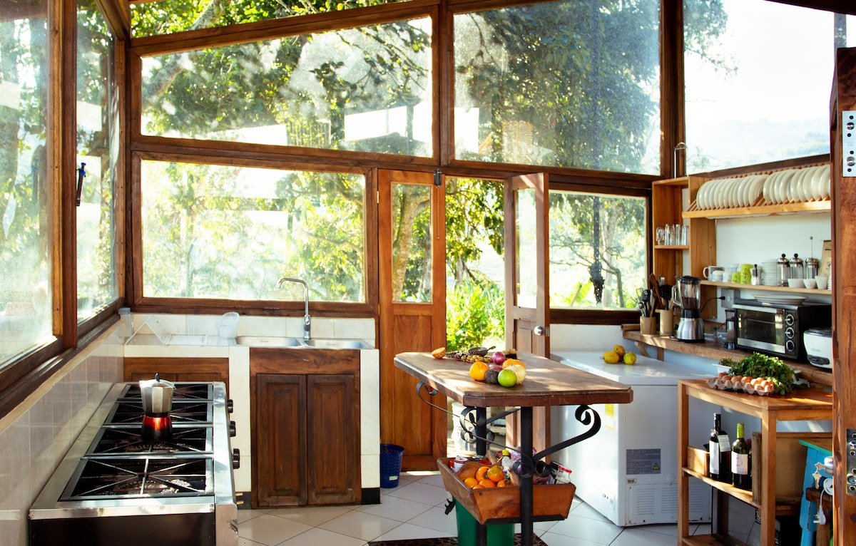 A spacious kitchen features large glass windows that allow ample natural light and a view of the surrounding greenery. Wooden cabinetry and countertops provide warmth, while modern appliances, including a stove and refrigerator, enhance functionality. Fresh fruits are arranged on the central countertop.
