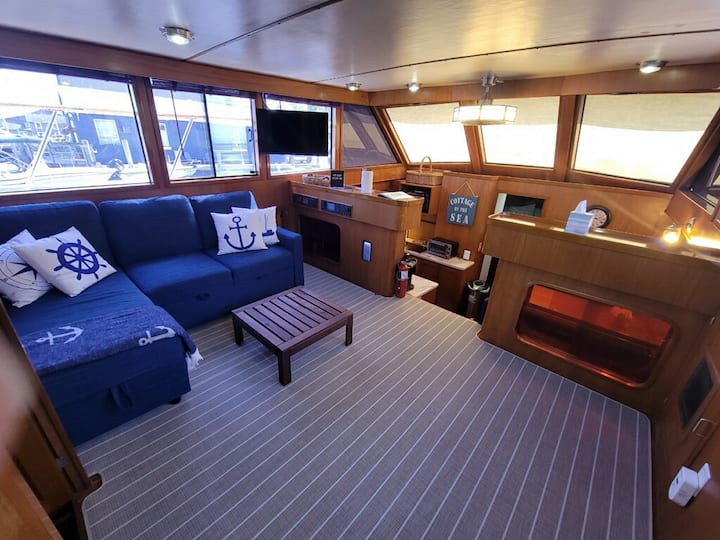 Main salon overlooking the galley and forward v-berth