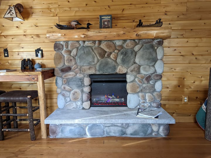 The fireplace has an LED unit installed so it can be enjoyed for ambience even on the hottest days of the year.