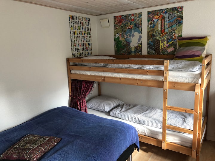 140 cm double bed and bunk bed.