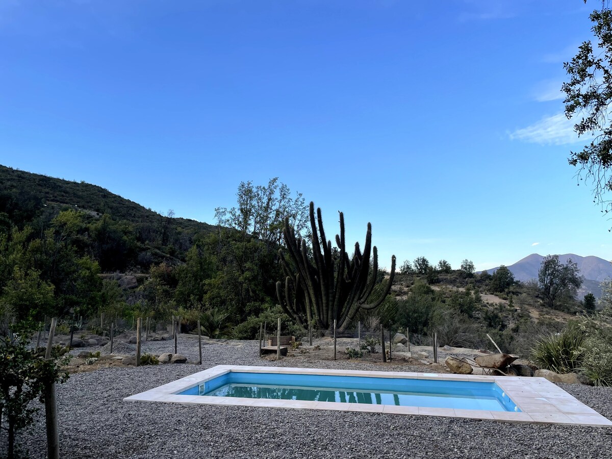 A refreshing swimming pool is set within a gravel area, surrounded by native vegetation and prominent cacti. The expansive sky above showcases clear blue hues, while distant hills are visible in the background, providing a sense of tranquility and connection to nature.