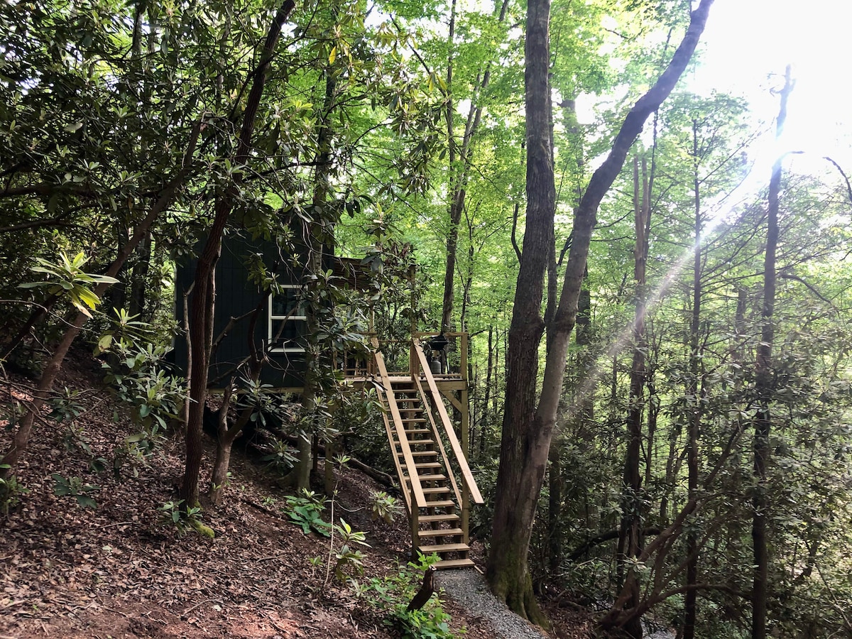 A treehouse, nestled among tall trees, features a staircase leading to its entrance. The surrounding area is filled with lush greenery, creating a serene atmosphere. Sunlight filters through the leaves, casting gentle shadows on the ground.