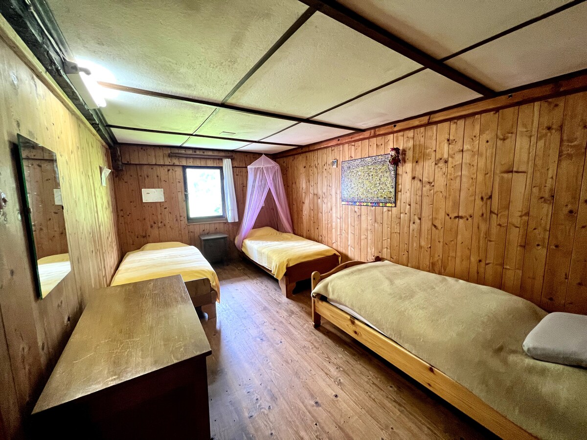 სამადგილიანი ოთახი, გამოყოფს კარს ორადგილიანი ოთახისგან, გაზონის ფანჯრისა და მთის ხედების წინ