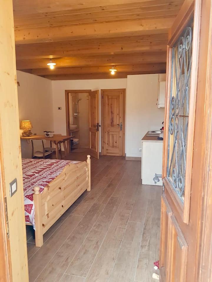 Deuxième entrée (séparée) du studio : chambre double, salle de bain, cuisine, table et télévision. 