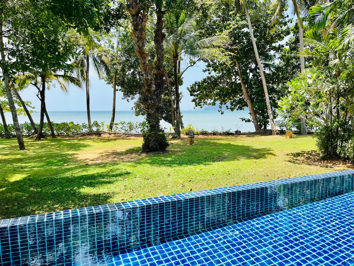 A serene outdoor area features a lush green lawn framed by tropical palm trees. The calm waters of the sea can be seen in the background, inviting relaxation. A clear blue pool reflects the surrounding nature, creating a tranquil atmosphere.