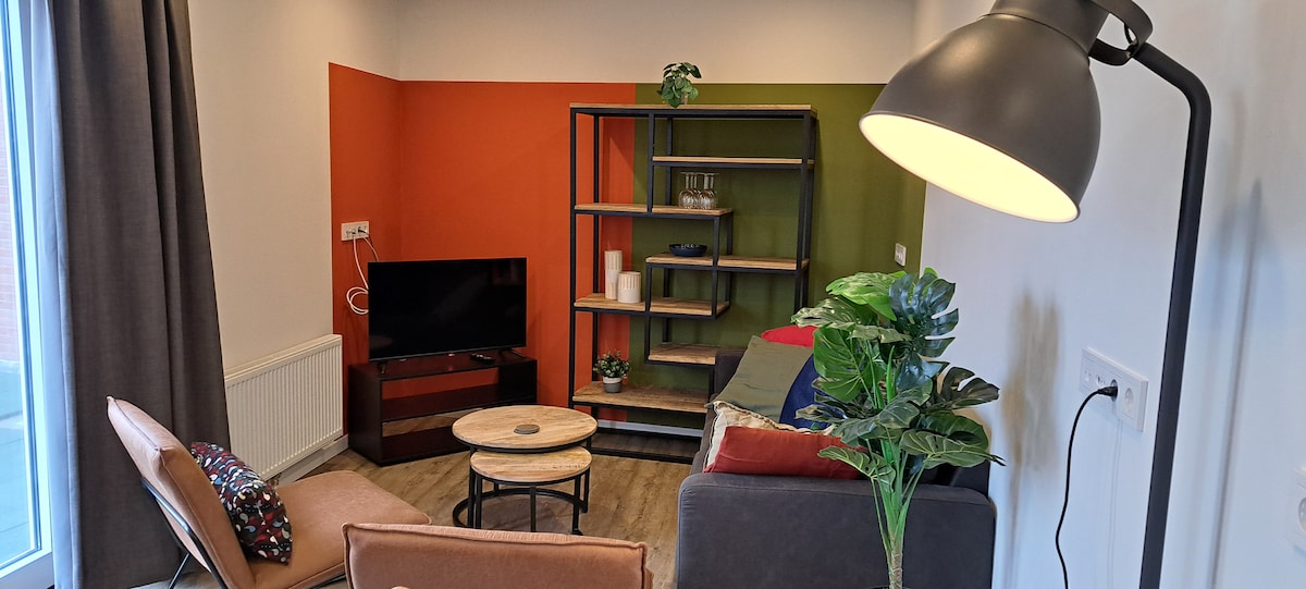 A modern living area features a comfortable sofa, an accent chair, and a wooden coffee table. A television is positioned on a sleek shelf, while vibrant wall colors of orange and green create a lively backdrop. A floor lamp and decorative plants add a touch of warmth.
