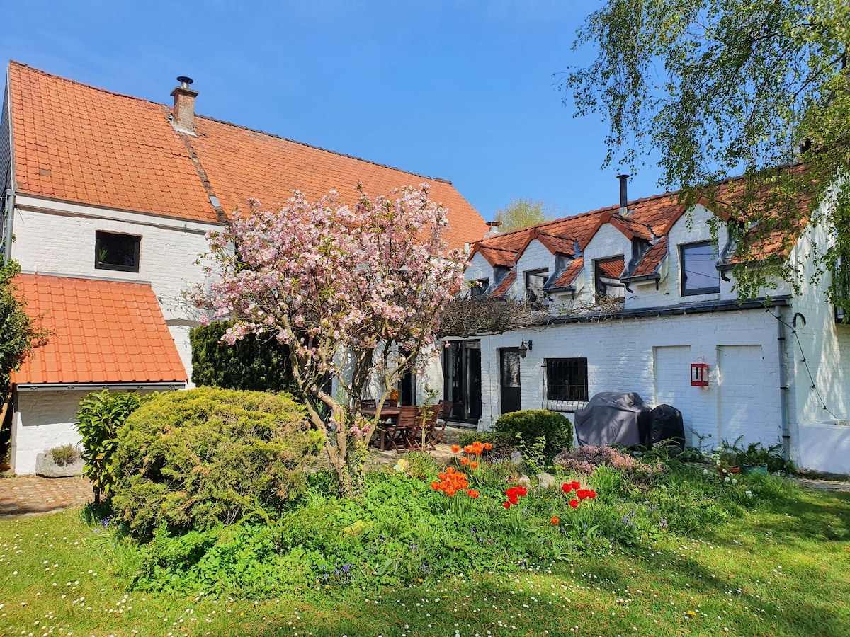 An inviting garden scene depicts a flowering tree and vibrant tulips in front of a charming white and red-roofed structure. The building's windows and outdoor seating area are visible, providing a glimpse of a serene rural setting.