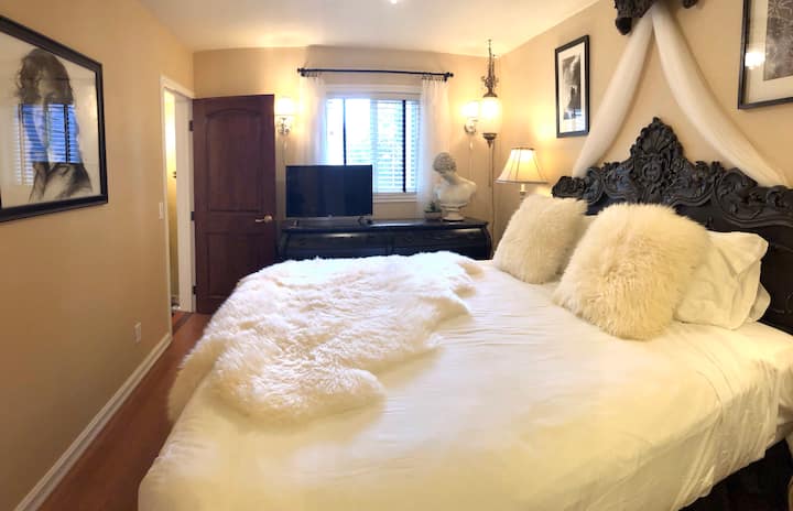 Main-floor king-sized bedroom has a ROKU TV closet and attached bathroom