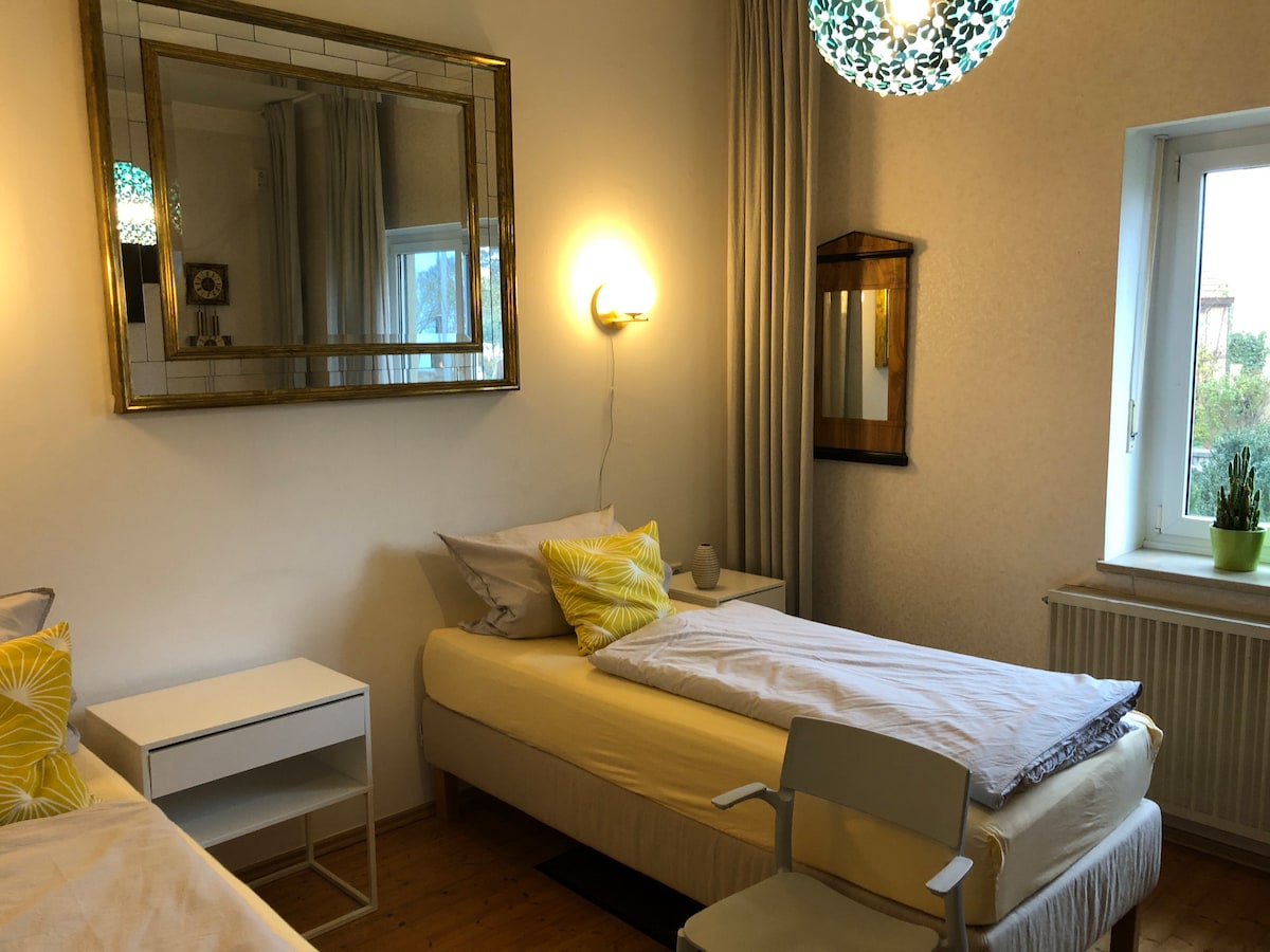 The room features two single beds with light bedding and decorative pillows. A large mirror is mounted on the wall, reflecting soft lighting. A small bedside table and a chair are included, alongside a window with natural light and a potted plant on the sill.