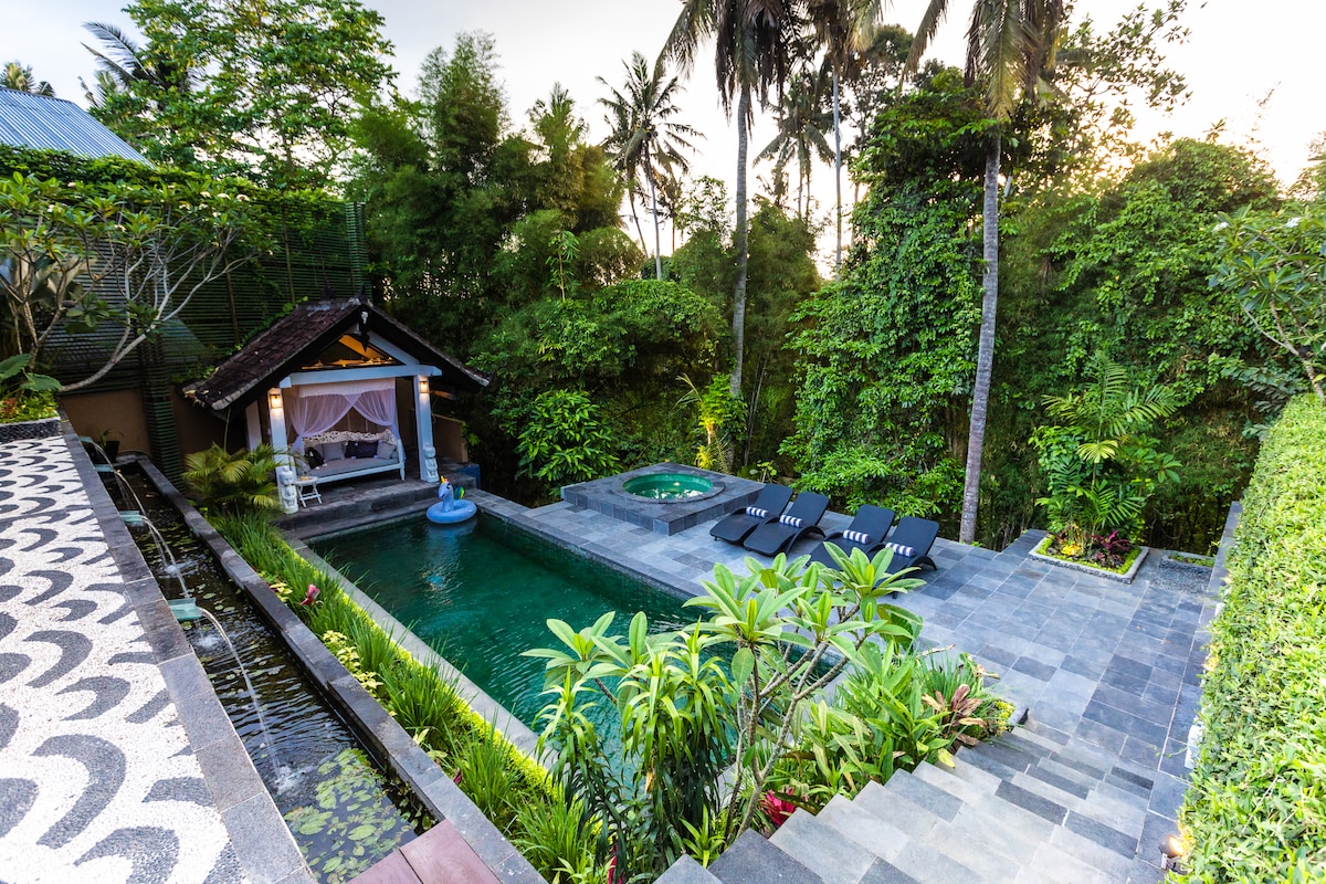 An expansive outdoor area features a multi-level swimming pool surrounded by lush tropical greenery. A hot tub and a shaded relaxation pavilion are visible, along with several lounge chairs placed on the stone terrace, inviting guests to enjoy the serene jungle atmosphere.