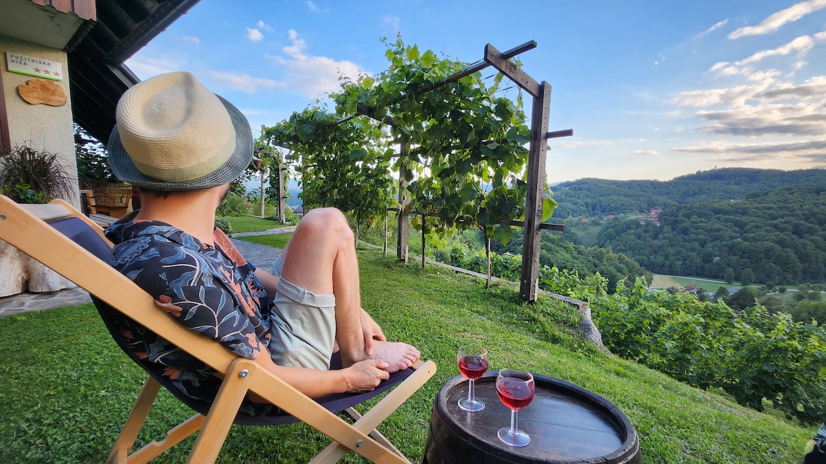 A person reclines in a wooden lounge chair on green grass, facing a sweeping view of rolling hills and vineyards. Two glasses of red wine sit atop a rustic barrel table nearby, complemented by the soft afternoon light illuminating the scene.