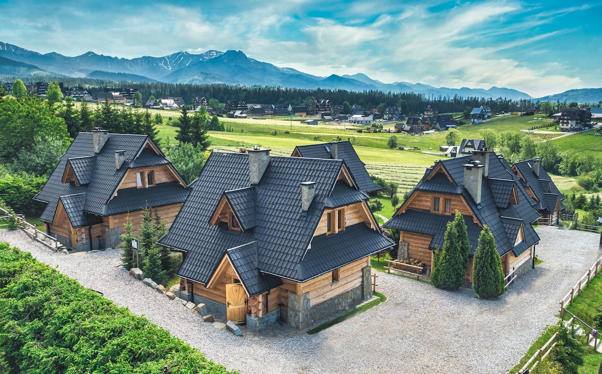 A collection of traditional wooden chalets is nestled in a scenic landscape. The chalets feature stone foundations and sloped roofs, surrounded by lush greenery and rolling hills. Majestic mountains rise in the background, under a clear blue sky.