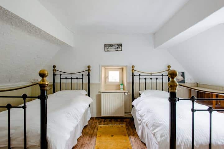 The White Room: two matching single brass beds under the eaves. Best view in the house out of the little "oeil de boeuf" window!