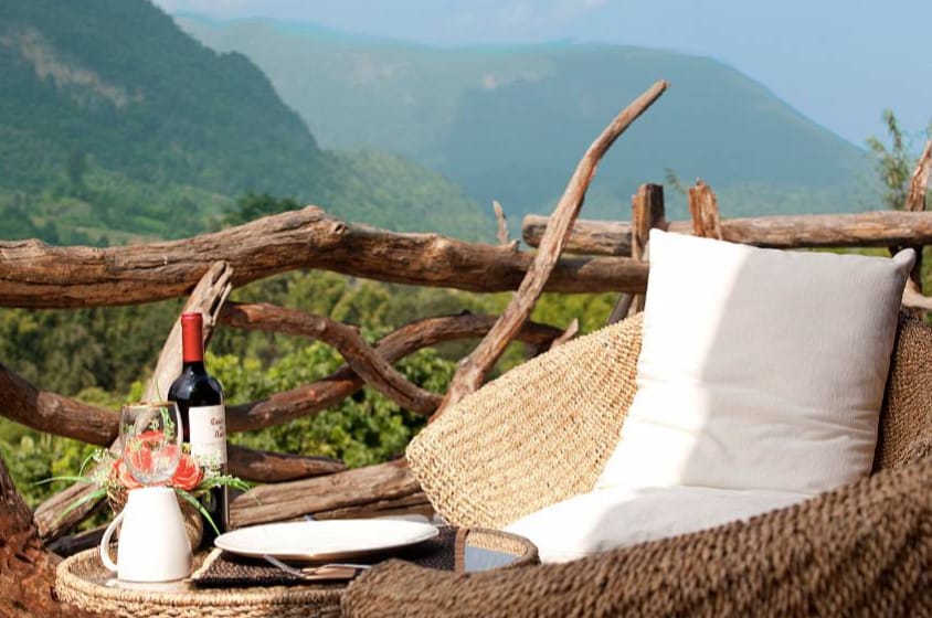 A cozy seating area is positioned on a wooden deck, featuring a woven chair and a small table. A bottle of wine sits beside a glass, overlooking serene mountain scenery in the distance. Natural wood railings frame the space, blending with the lush greenery.