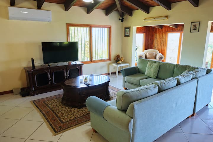 Indoor living area with Queen sofa bed.