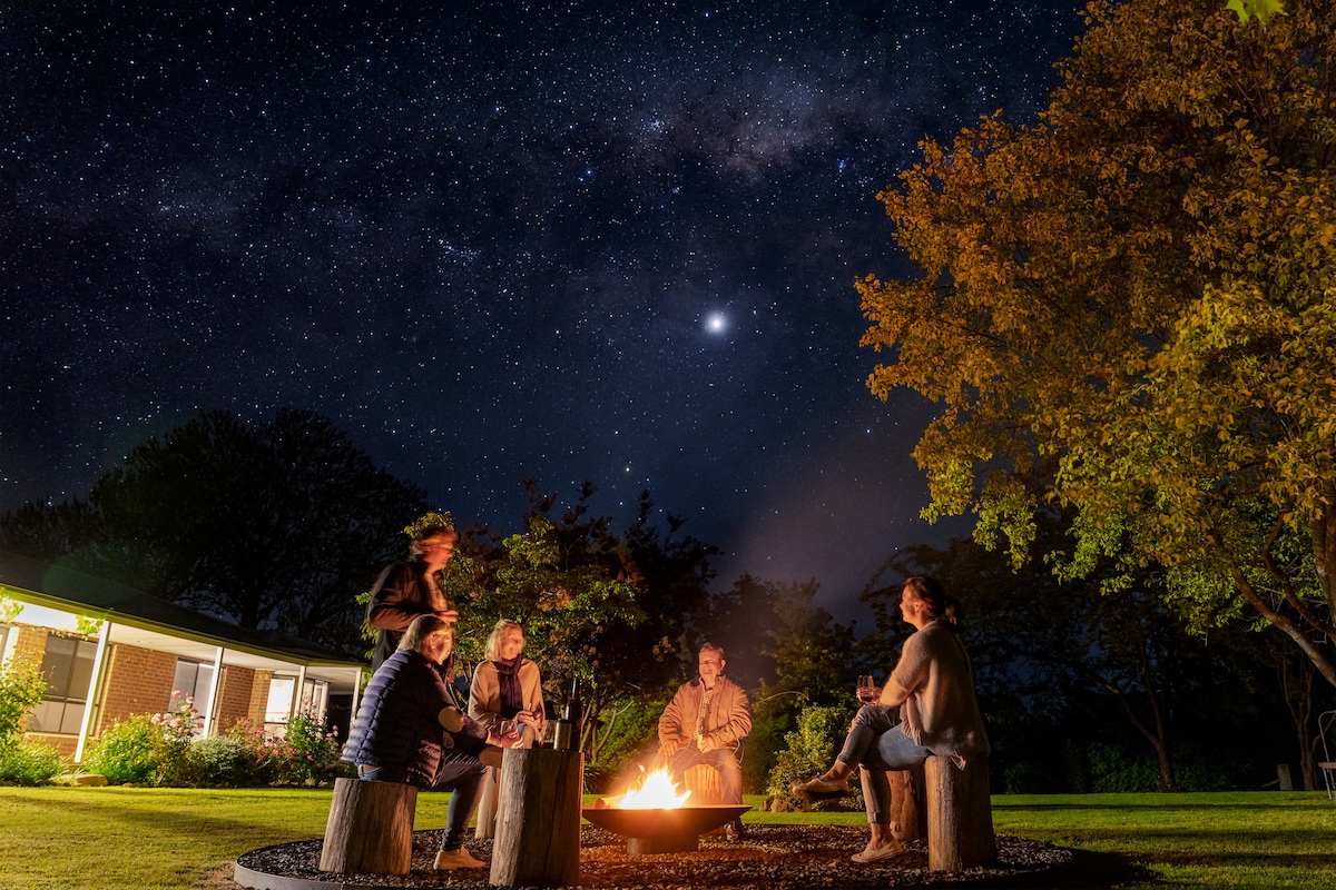 A cozy outdoor fire area is set under a clear night sky filled with stars. A fire pit is surrounded by logs, where a group is gathered, enjoying the warmth of the flames. The soft glow illuminates the faces, while trees are partially visible in the background.