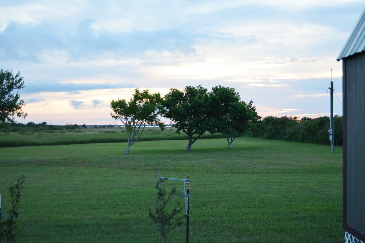 A wide grassy area is depicted, featuring several trees that offer shade. The sky above transitions from blue to soft hues of orange and pink, hinting at sunset. The landscape appears peaceful and open, with distant views of surrounding greenery.