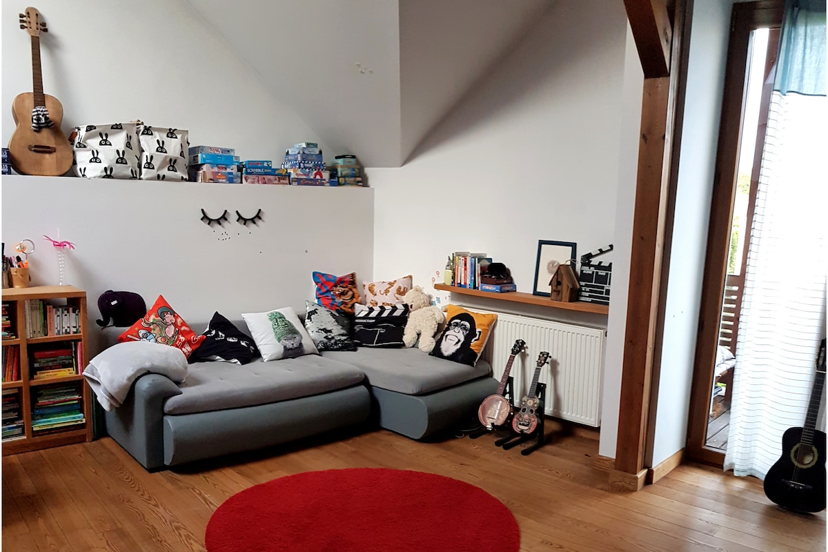 A cozy living space features a light grey sectional sofa adorned with colorful throw pillows. Wooden shelves hold books and games, while an inviting red rug adds a pop of color to the hardwood floor. Natural light enters through a nearby window, enhancing the relaxed atmosphere.