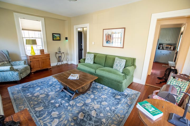 The living room with a queen-sized sleep couch and comfy newly-upholstered reclining chair.