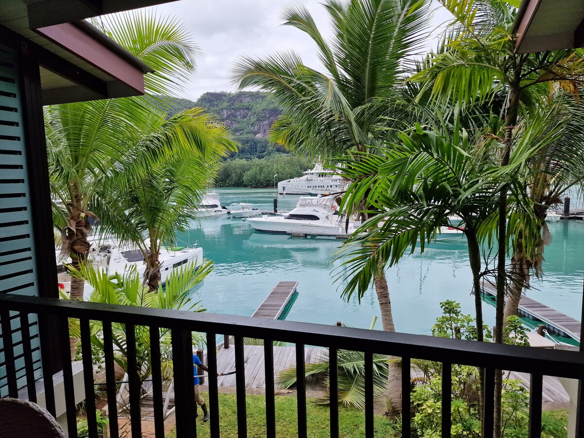 A view of the marina is framed by tall palm trees, with calm turquoise waters reflecting the overcast sky. Several boats are docked nearby, and wooden walkways can be seen along the water's edge, creating an inviting coastal atmosphere.