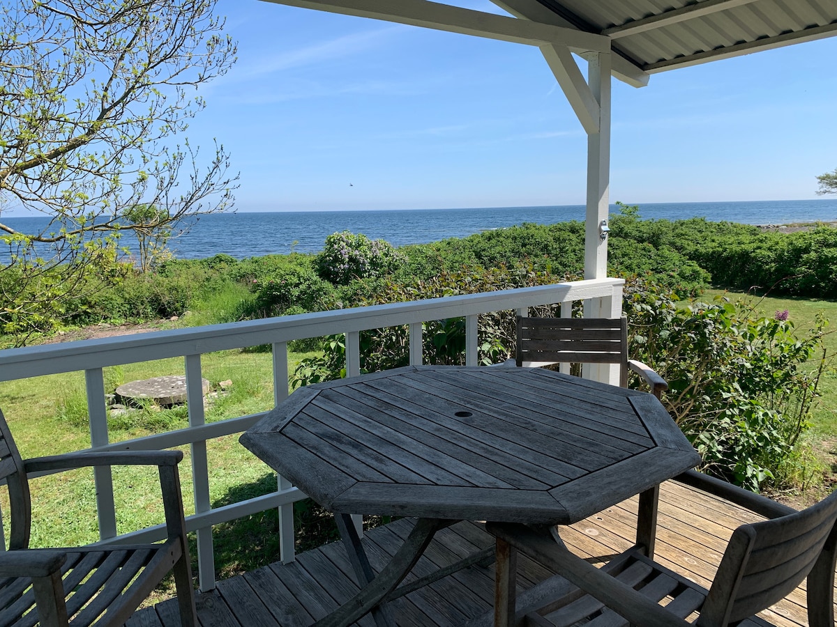 A wooden octagonal table with matching chairs is situated on a covered patio, overlooking a serene ocean view. Verdant greenery surrounds the area, while clear blue skies and calm water create a peaceful atmosphere.