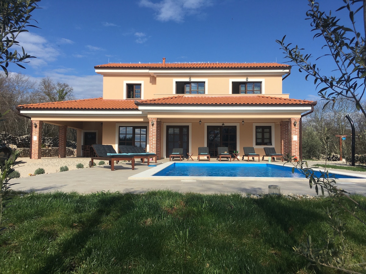 A spacious villa is showcased against a clear blue sky, with a private pool in the foreground. Sun loungers are arranged around the pool area, and the exterior features a warm, neutral colour palette complemented by elegant windows. Surrounding olive trees and landscaped gardens enhance the serene setting.