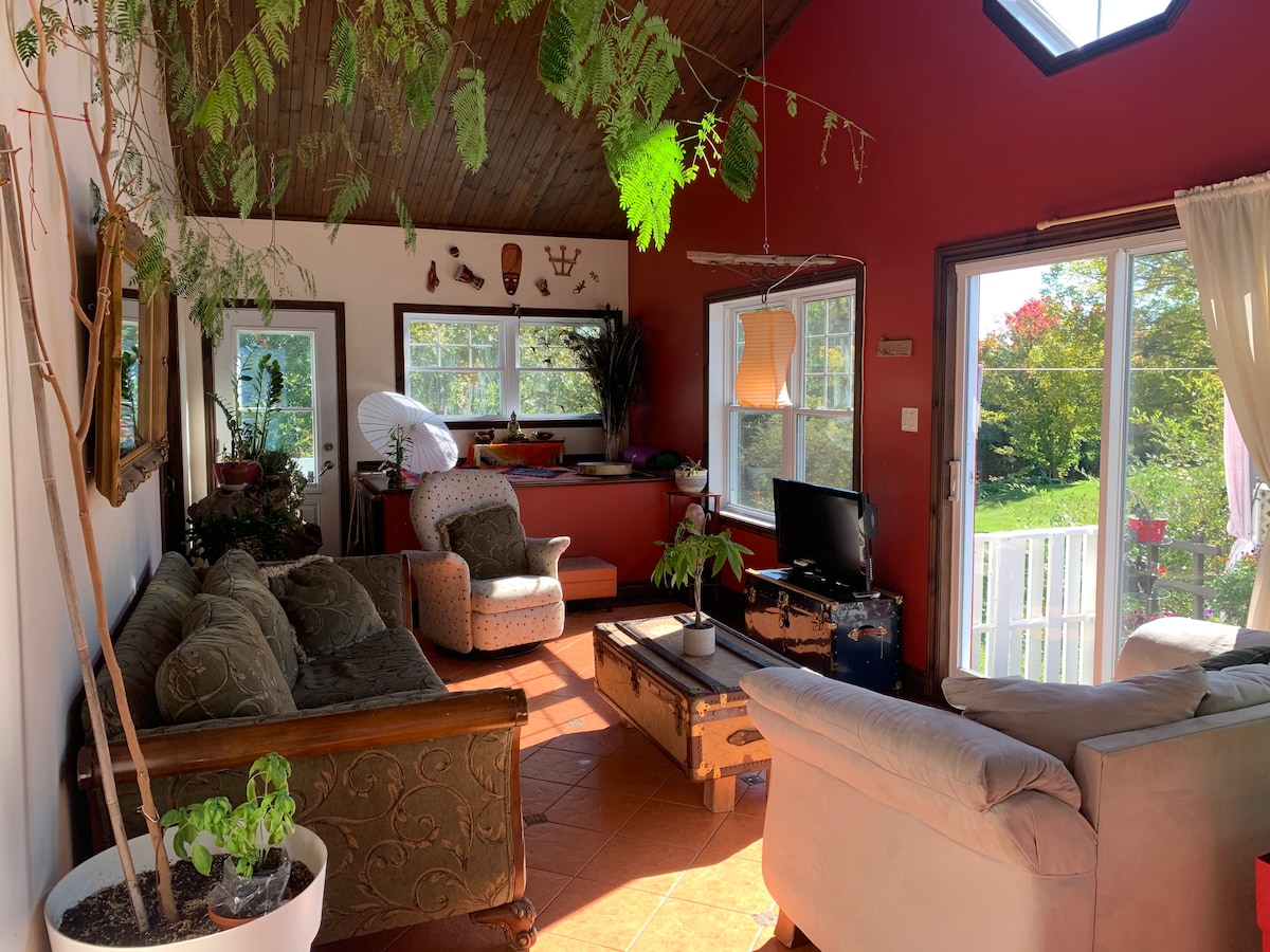 A sunlit solarium with a mix of seating options, including a plush sofa and an armchair, is enriched by greenery from potted plants. Large windows frame views of the surrounding landscape, while a television and decorative elements complement the inviting space.