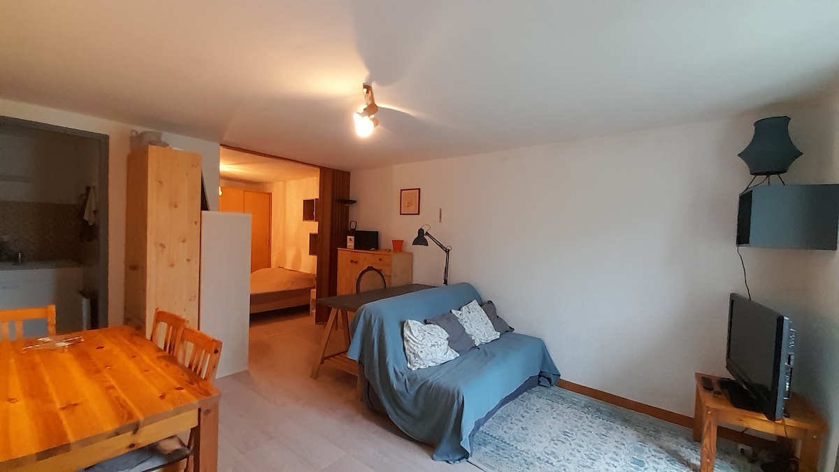 A functional living area is presented with a cozy sofa draped in a blue cover, accompanied by wooden dining chairs around a table. A wall-mounted television and lamp create a practical setting, with a partition hinting at a separate sleeping space in the background.