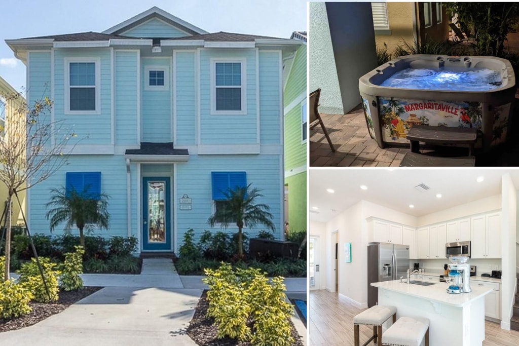The exterior showcases a charming blue cottage with palm trees lining the pathway. A Jacuzzi is visible in the foreground, surrounded by pavers. The interior is highlighted by a bright kitchen featuring modern appliances and an island, facilitating dining and gathering.