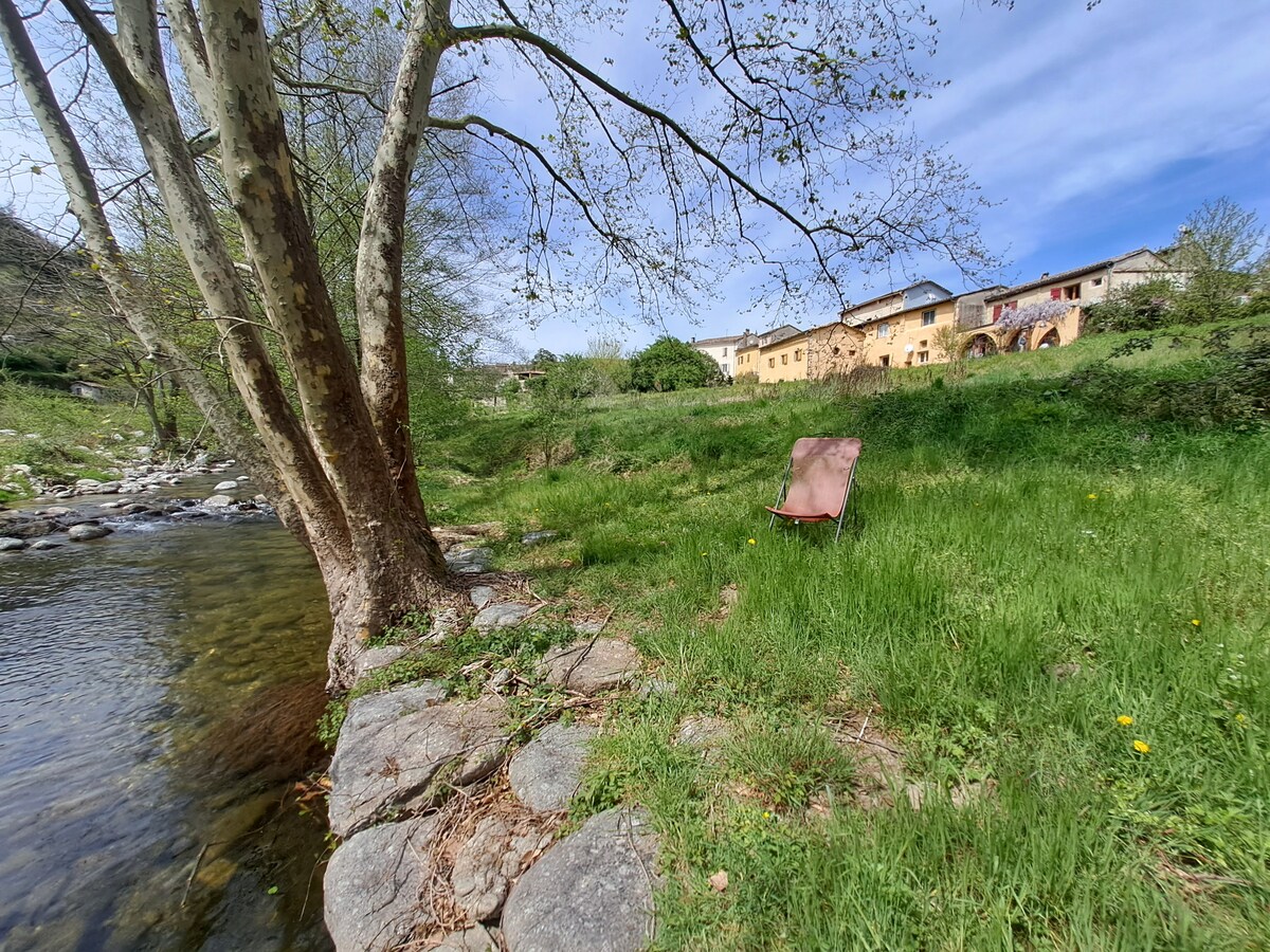A serene riverside setting features a gentle grassy slope leading to the water's edge. A single folding chair is positioned under the shade of a tree, with smooth stones lining the riverbank. In the background, a cluster of houses can be seen amid greenery.