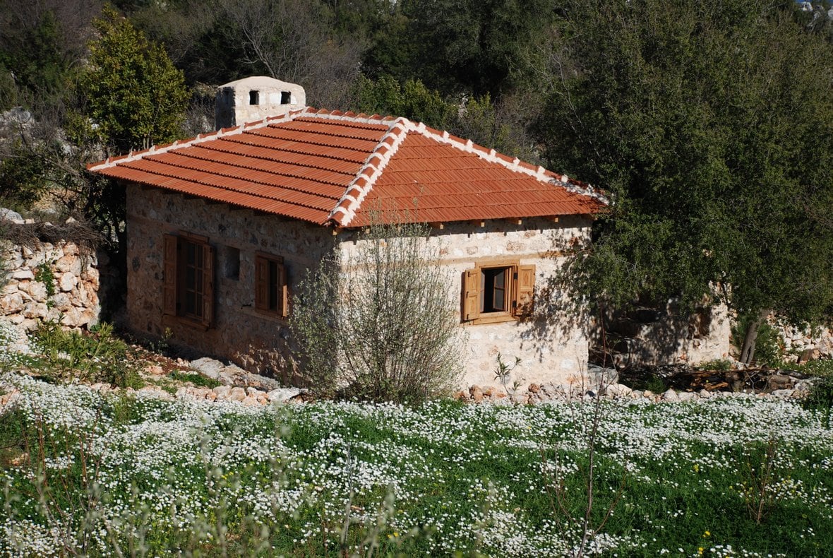 A charming stone house with a red-tiled roof is surrounded by lush greenery and wildflowers. Window shutters are open, suggesting a peaceful atmosphere. The house is partially hidden among trees, integrating harmoniously into the natural landscape.