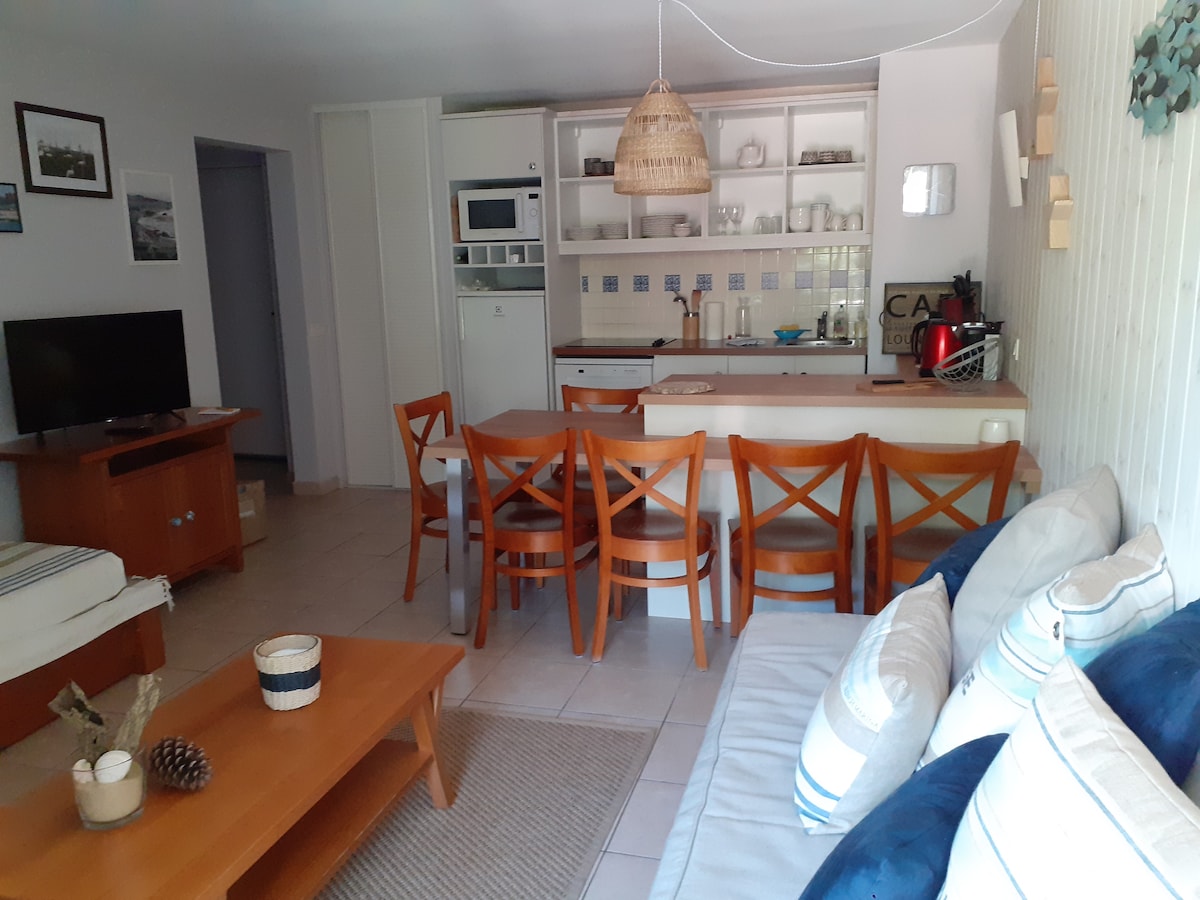 A light-filled living area is furnished with a spacious sofa adorned with cushions and a wooden coffee table. A dining table with several wooden chairs occupies the center, while an open kitchen is equipped with modern appliances and cabinetry, enhancing accessibility and comfort.