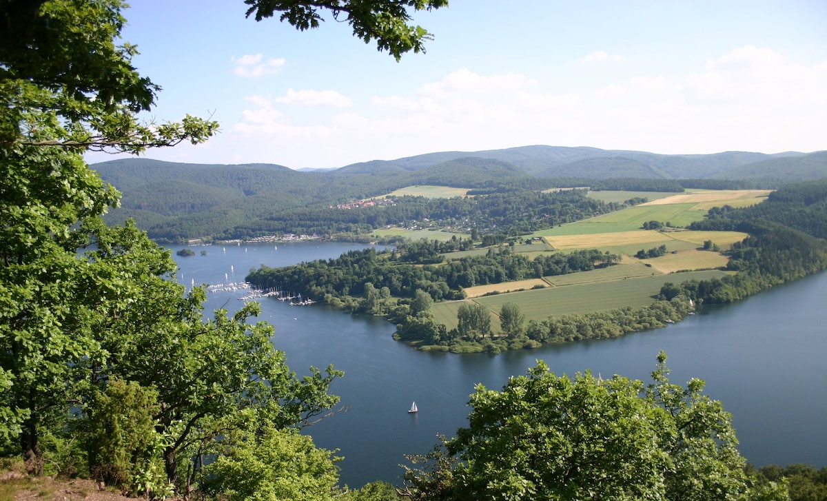 A panoramic view of lush green hillsides and a winding river is presented. The landscape features a mix of trees and open fields, with a small marina visible in the distance. A clear blue sky enhances the serene atmosphere, inviting exploration and relaxation.