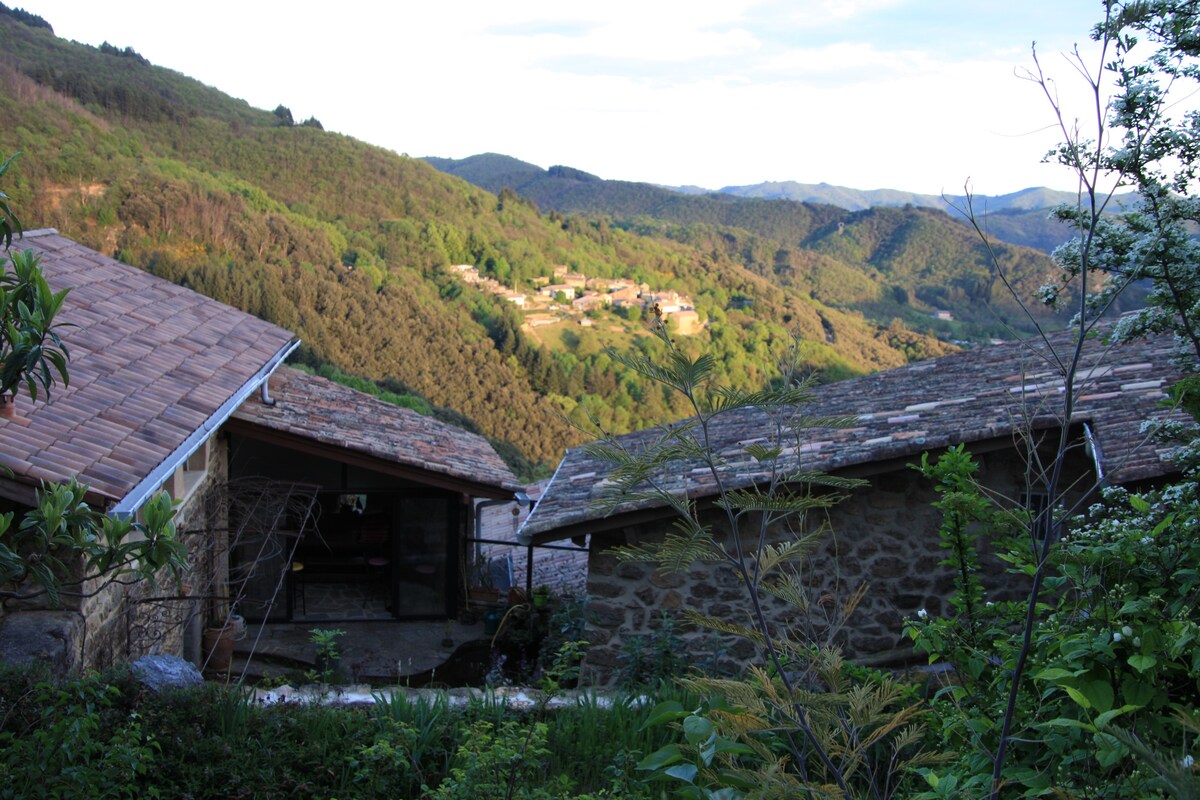 A view of the surrounding hills is captured, showcasing lush greenery and distant structures nestled on the mountainside. Stone and tiled roofs are visible in the foreground, with natural vegetation framing the scene.