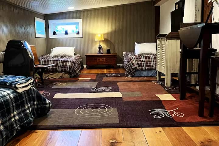 Carriage House Loft有3张单人床、蓝光DVD播放器和PS3游戏。