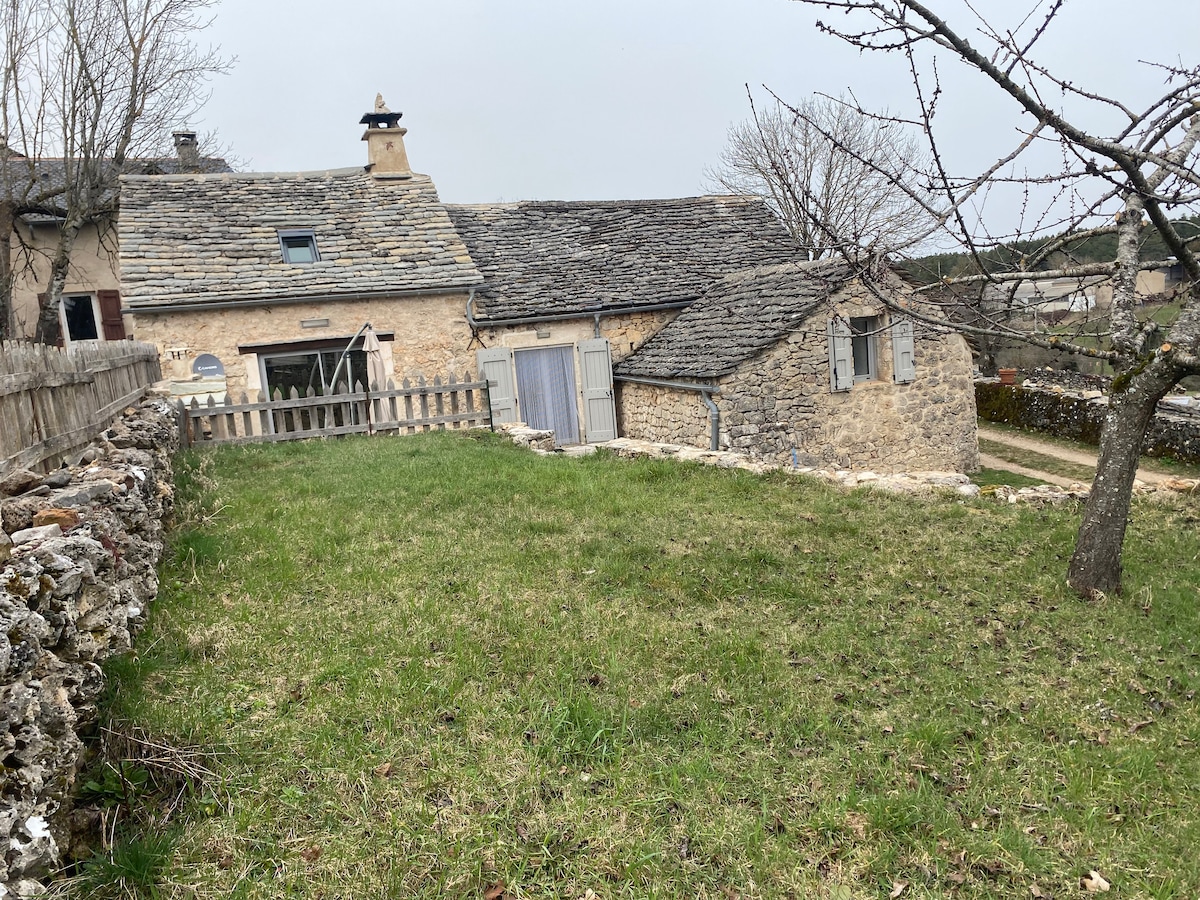 A renovated stone house is set against a backdrop of gray skies. The home features a sloped roof and several window openings. A well-maintained yard with green grass extends out front, bordered by a rocky wall and a wooden fence. A tree is visible in the foreground.