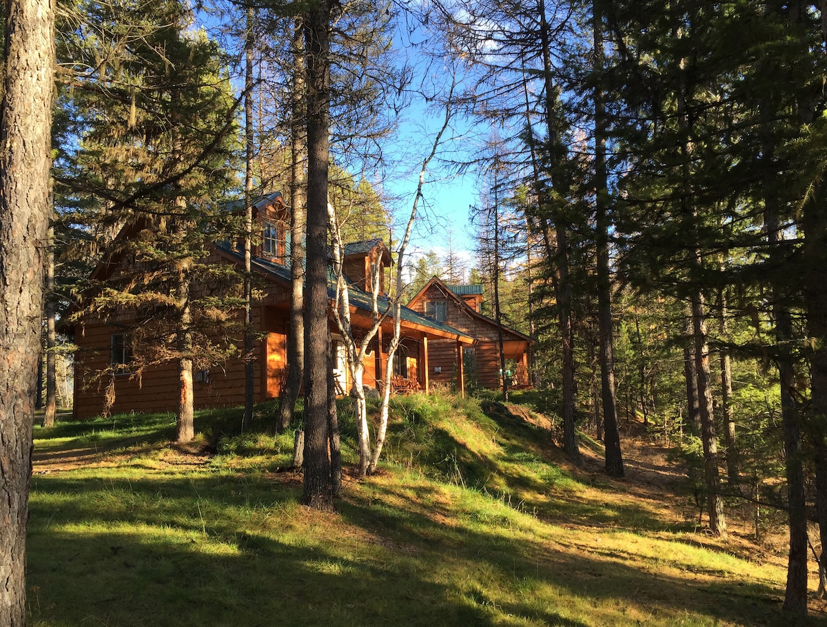 A luxurious cabin, framed by tall trees and surrounded by lush greenery, is set in a natural landscape. The wooden structure features multiple gabled roofs and large windows, allowing for an inviting connection to the forested environment.