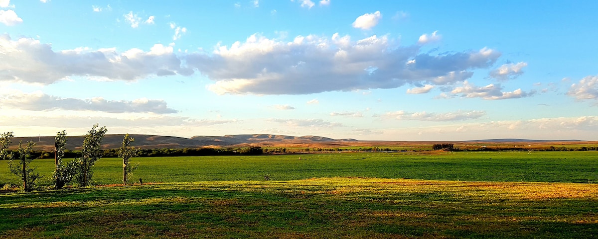 A panoramic view captures the expansive countryside landscape, featuring lush green fields under a partly cloudy sky. Rolling hills can be seen in the distance, creating a serene backdrop that emphasizes the natural beauty of the rural area.