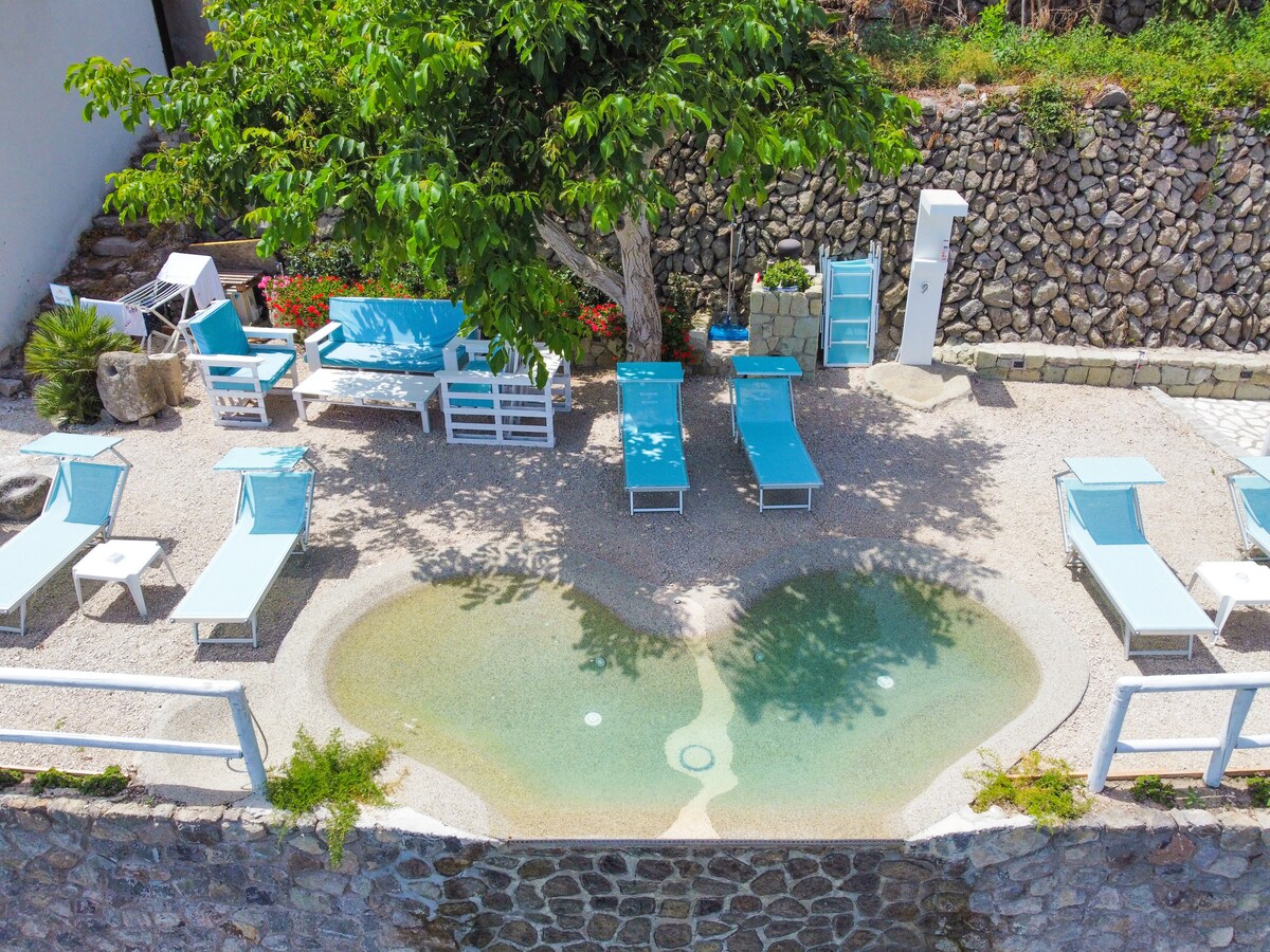 An outdoor area features a heart-shaped pool surrounded by lounge chairs and a shaded seating area. A tree provides partial shade, alongside vibrant flowers and a stone wall that adds texture to the setting.