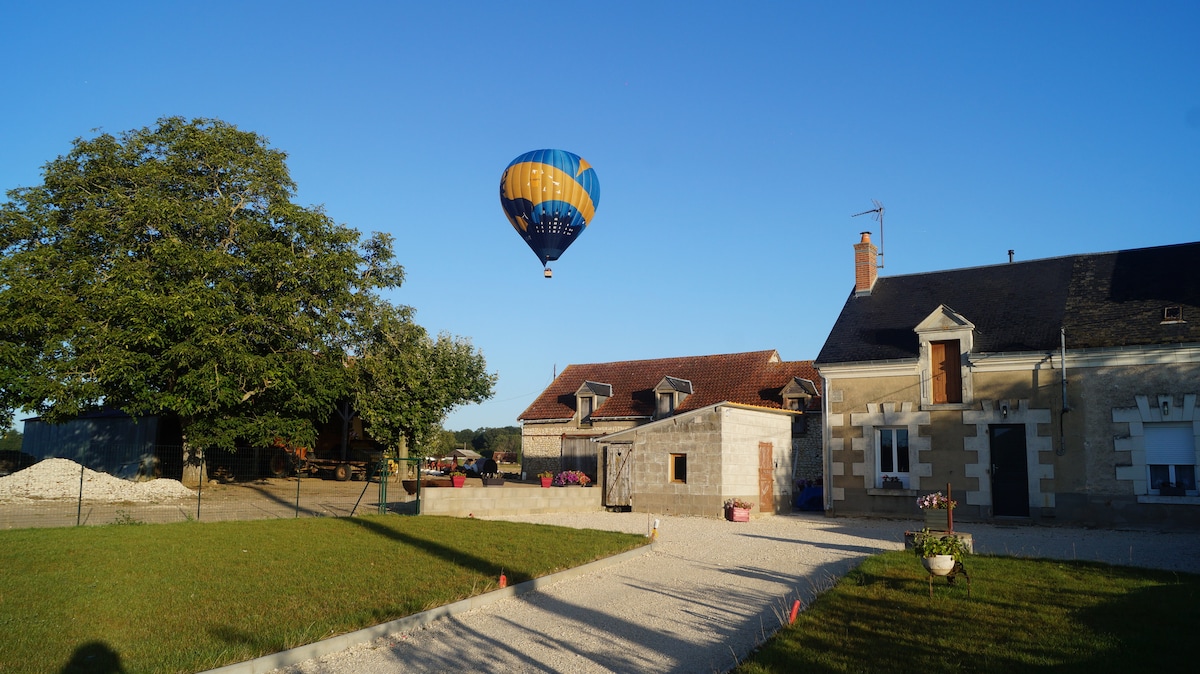 A colorful hot air balloon can be seen floating above a spacious yard, surrounded by lush greenery. The charming rural gîte is visible in the background, featuring a mix of stone and traditional architecture. A clear blue sky enhances the tranquil outdoor setting.