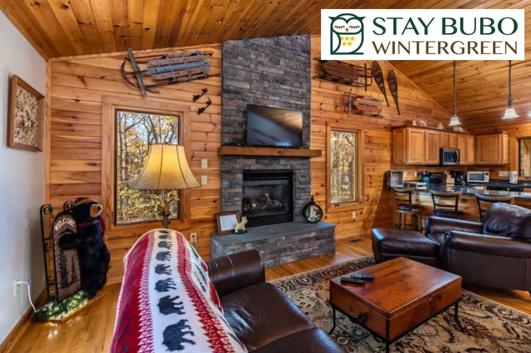 A warm living area features wood-panelled walls and a stone fireplace, complemented by a cozy sofa draped with a patterned throw. Two framed artworks hang by windows that invite natural light, while a mounted television is positioned above the fireplace, contributing to the room's inviting atmosphere.