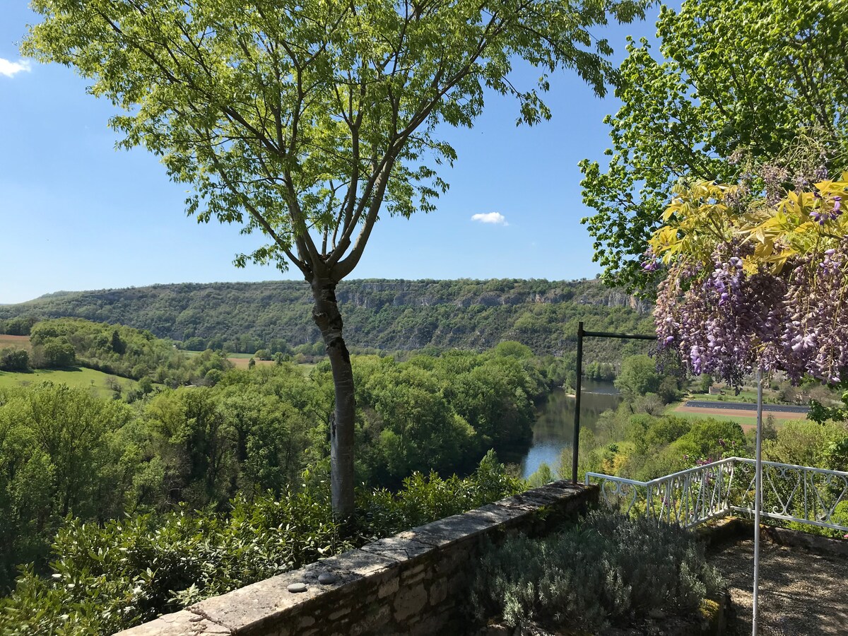 A scenic view of lush greenery and rolling hills is framed by a tree and flowering plants. The river is visible in the distance, reflecting the clear blue sky. Stone borders delineate a small garden area that complements the serene landscape.