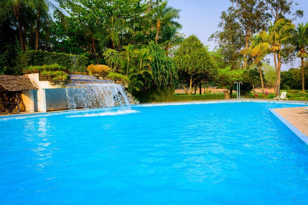A large swimming pool is surrounded by lush greenery, featuring a gentle waterfall cascading from a stone structure. The water is clear and inviting, with sun loungers positioned nearby for relaxation.