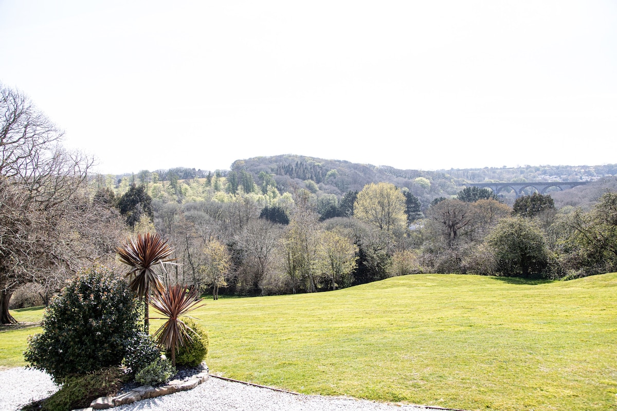 A spacious green lawn extends towards rolling hills, dotted with trees that display fresh spring foliage. A few plants are positioned in the foreground, framing the view of the landscape and providing a serene backdrop in the distance.
