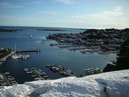 A scenic view captures a marina with numerous boats anchored in calm waters. Quaint buildings line the harbor, while green hills rise in the background. The sky is clear with subtle clouds, providing a tranquil atmosphere to this coastal landscape.