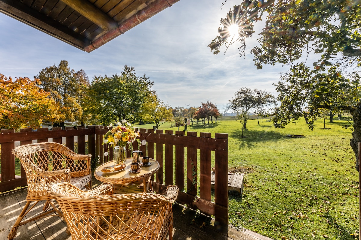 A balcony is presented with two woven chairs and a small table, set against a backdrop of a sunny landscape. Green fields stretch into the distance, framed by trees displaying autumn foliage. The sunlight casts a warm glow over the scene.