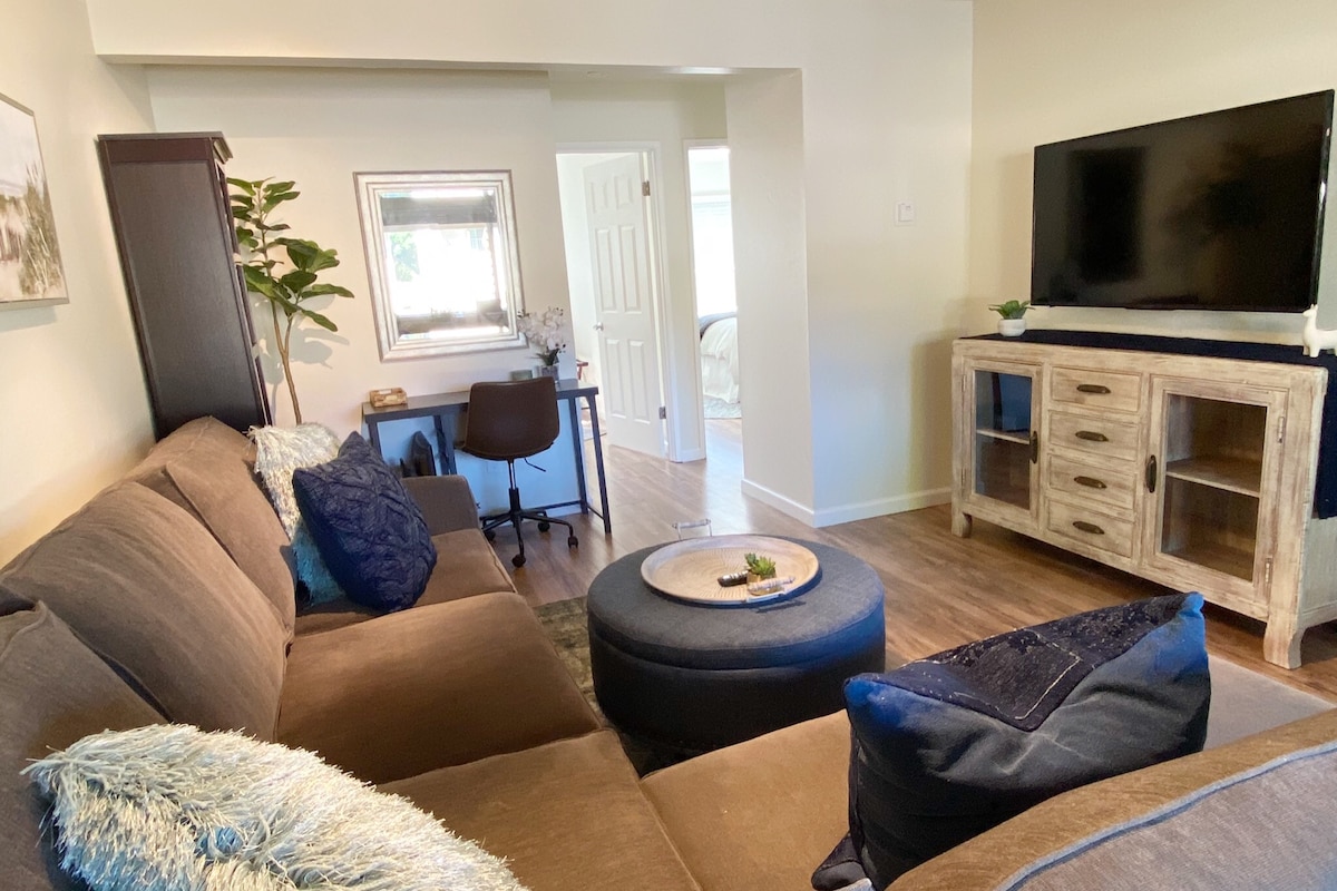 A furnished living area is depicted, featuring a cozy brown sofa with decorative pillows and a circular coffee table. A television is placed on a light-colored cabinet, while a small workspace with a chair is visible in the background, complemented by a potted plant for added decor.