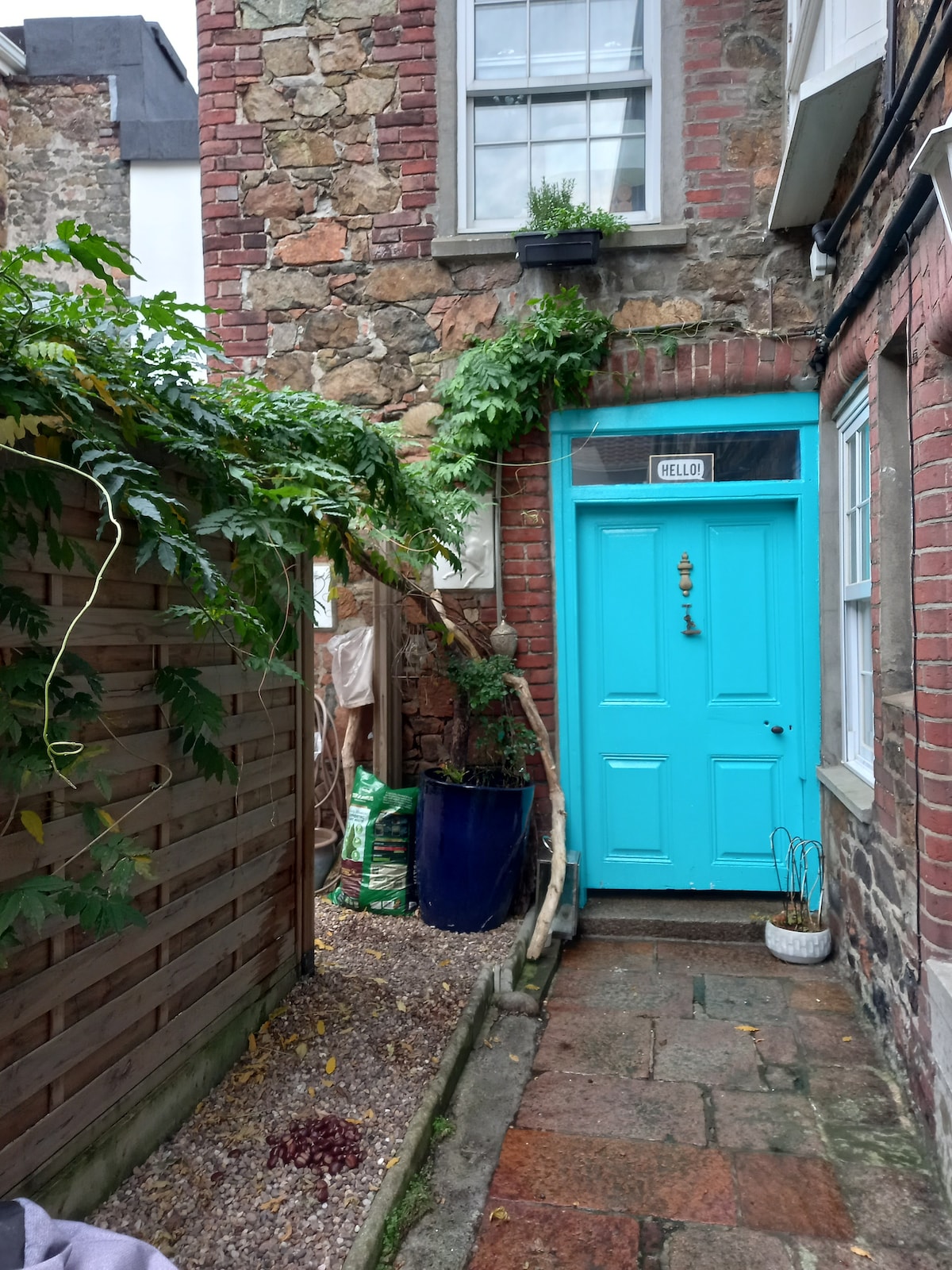 A narrow pathway lined with greenery leads to a bright turquoise door, framed by textured stone walls. Potted plants are positioned near the entrance, and a gravel surface is visible alongside the pathway, enhancing the inviting approach to the property.