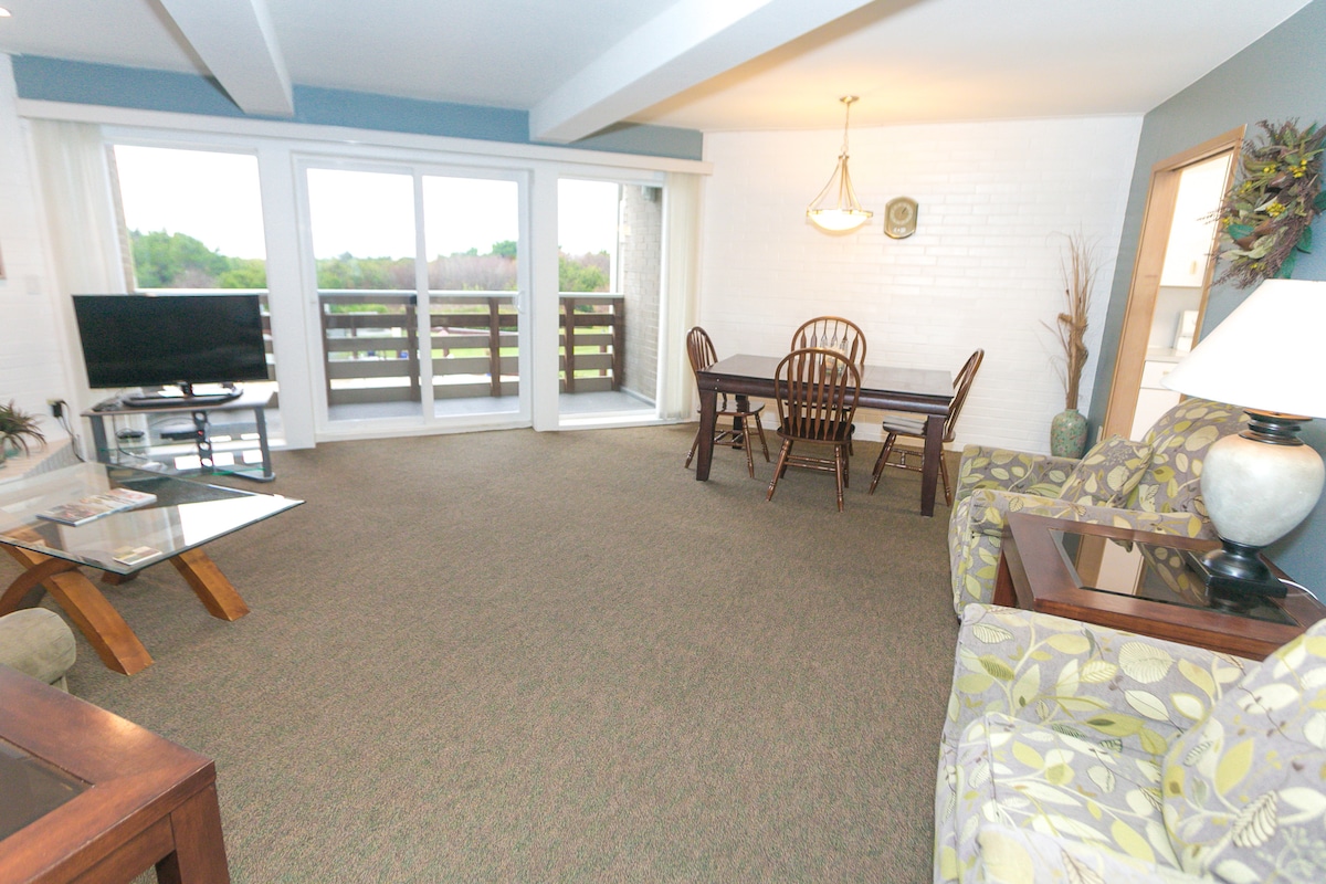 A spacious living area is shown, featuring a large window with sliding glass doors leading to a balcony. A dining table with six chairs is positioned across from a television. Comfortable seating is provided by two patterned armchairs and a coffee table.