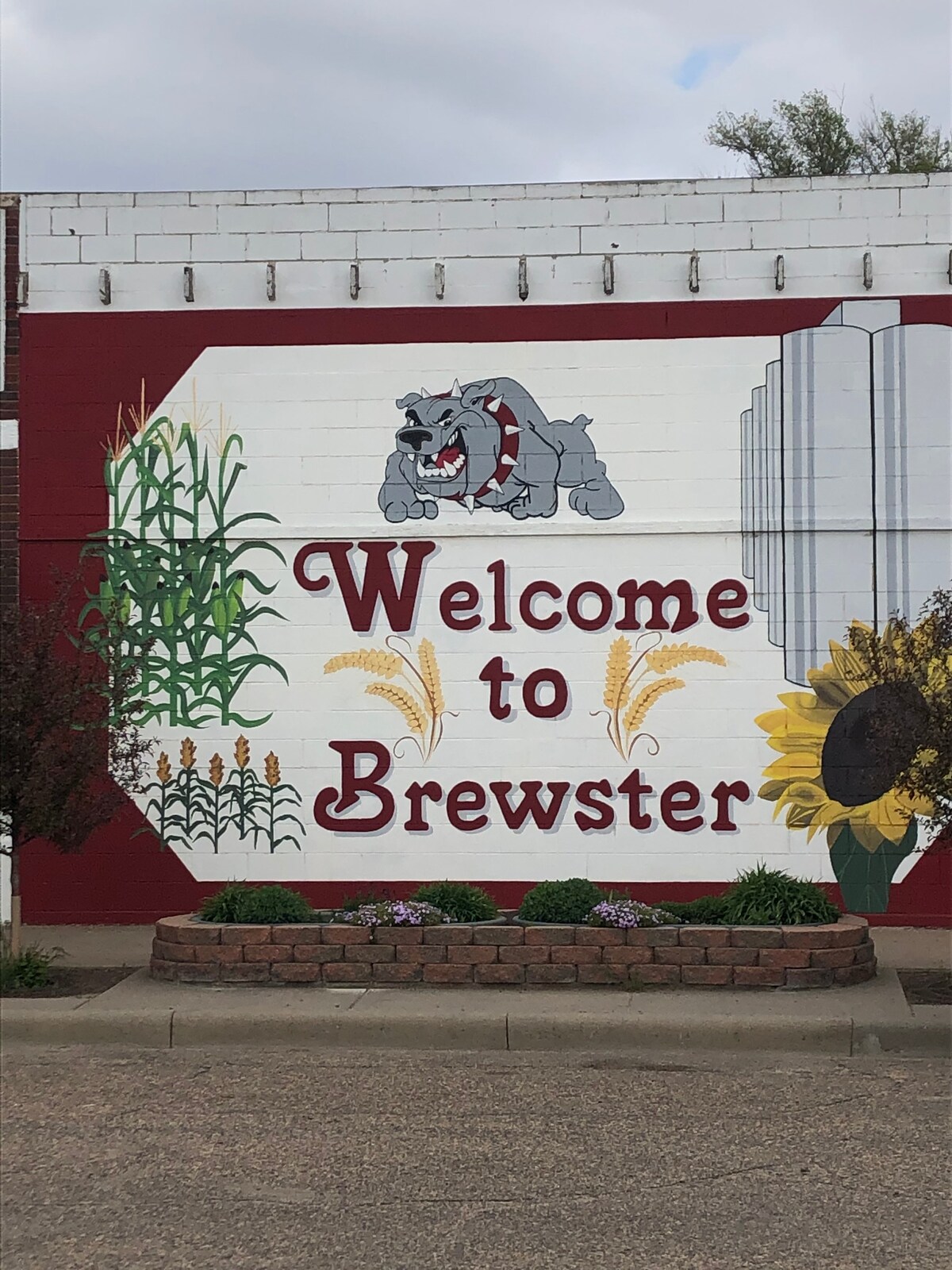A vibrant mural welcomes visitors to Brewster, featuring a friendly bulldog mascot alongside images of corn and a sunflower. The words 'Welcome to Brewster' are prominently displayed, contrasting with the bright colors of the artwork against the white wall.
